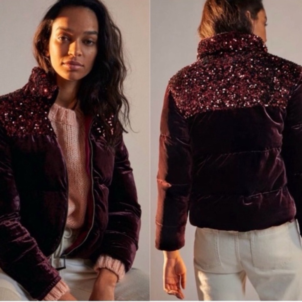 Anthropologie Velvet Puffer Jacket - Deep Purple